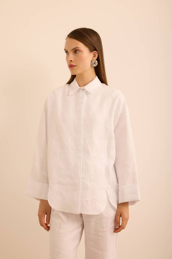 Beyaz Rahat Form Keten Bluz - 4