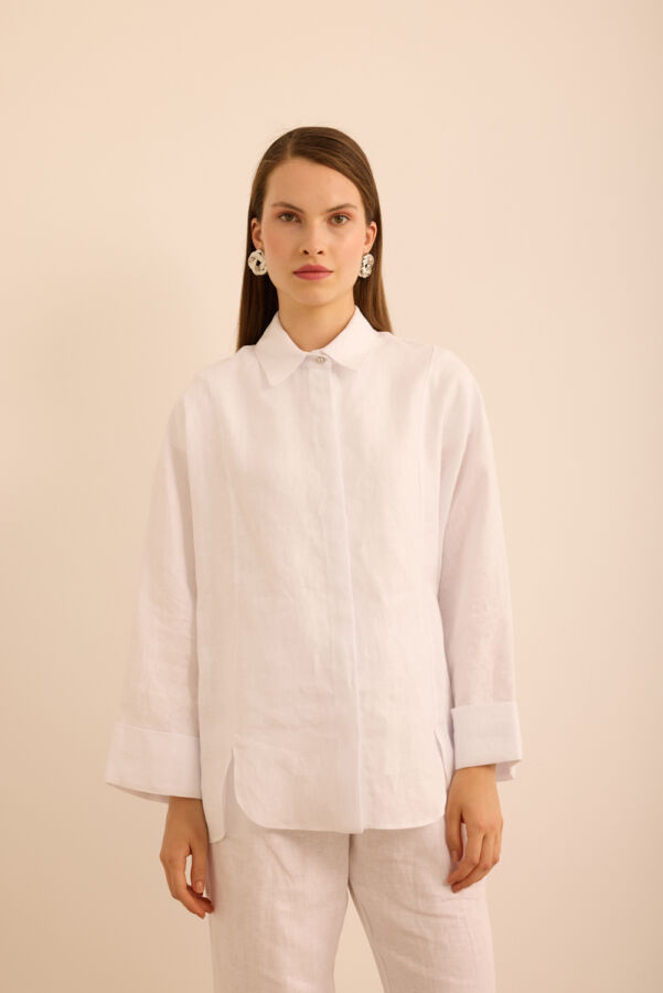 Beyaz Rahat Form Keten Bluz - Aker