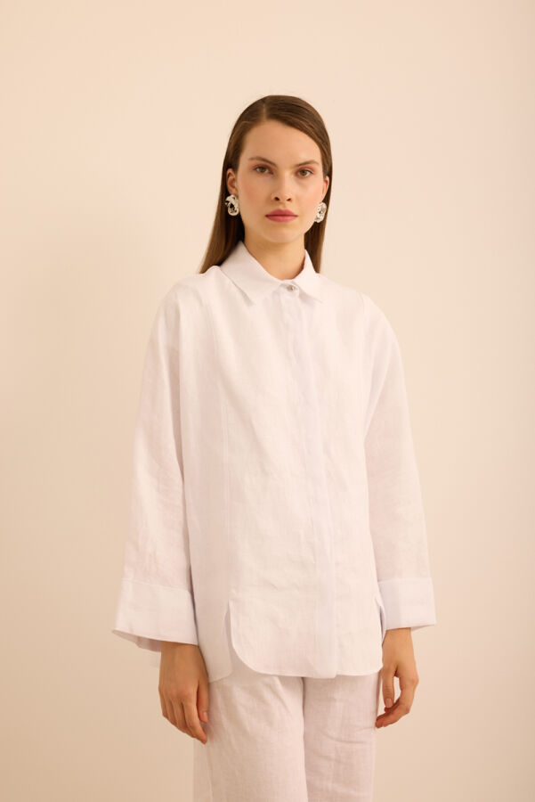 Beyaz Rahat Form Keten Bluz - Aker (1)