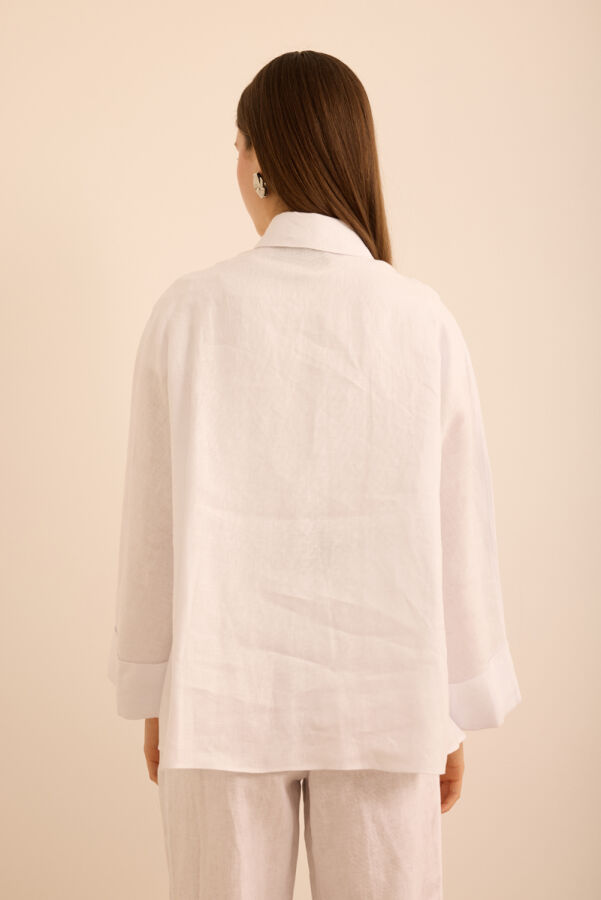 Beyaz Rahat Form Keten Bluz - 6