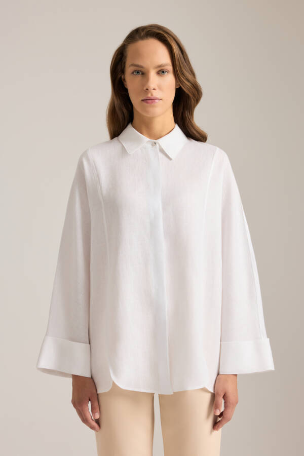Beyaz Rahat Form Keten Tunik - Aker
