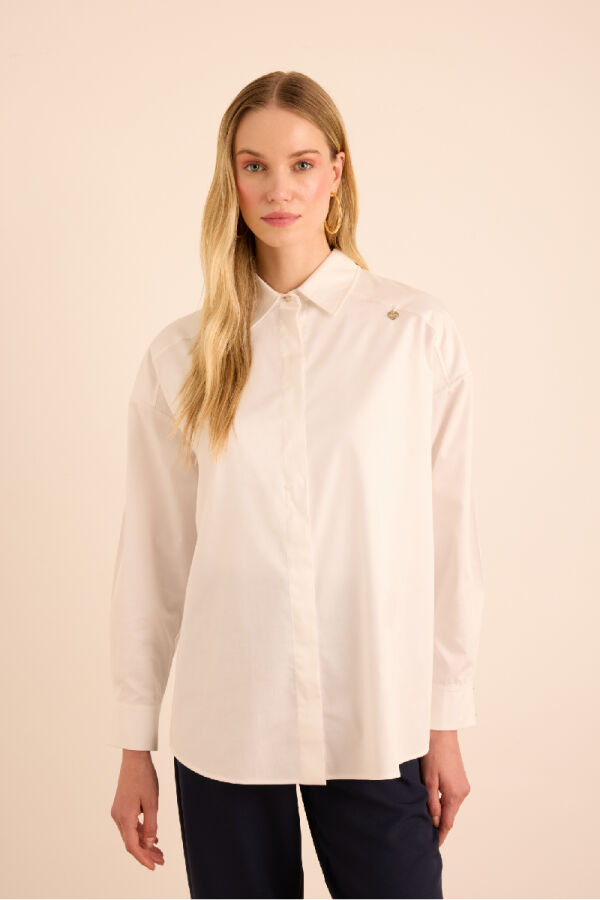 Beyaz Sırtı Volan Detaylı Cotton Gömlek - 4