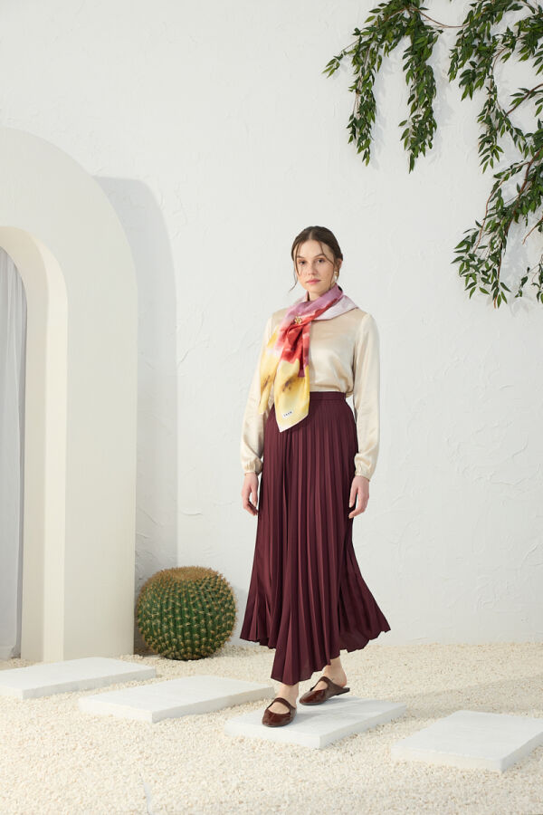 Bordo Asimetrik Piliseli Etek - 1