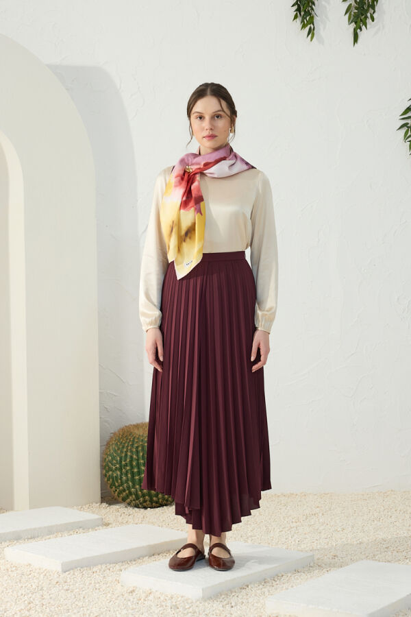 Bordo Asimetrik Piliseli Etek - 3