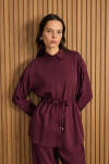 Bordo Beli Bağcıklı Tencel Tunik 