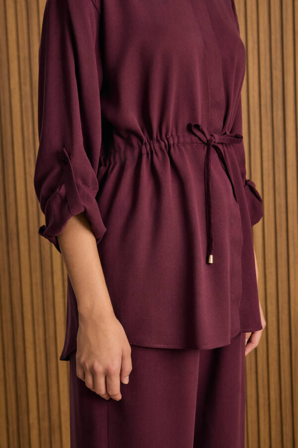 Bordo Beli Bağcıklı Tencel Tunik - 5