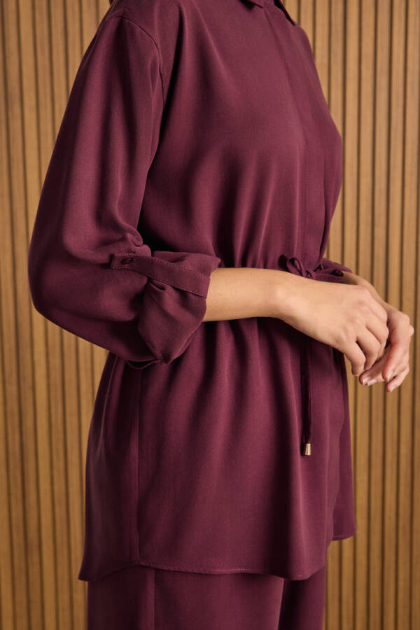 Bordo Beli Bağcıklı Tencel Tunik - 6