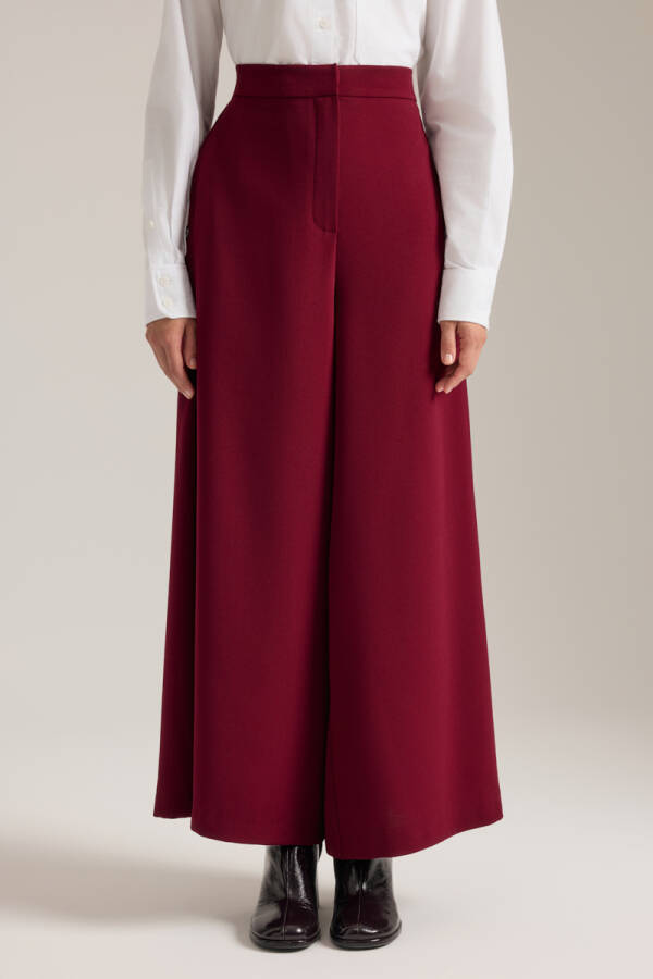 Bordo Beli Lastik Detaylı Dökümlü Pantolon Etek - Aker (1)