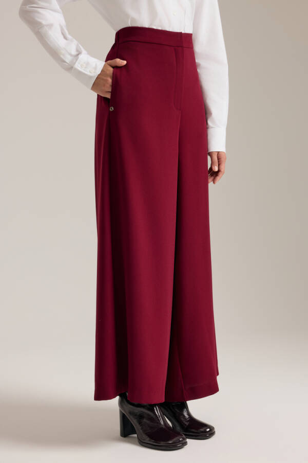 Bordo Beli Lastik Detaylı Dökümlü Pantolon Etek - 3