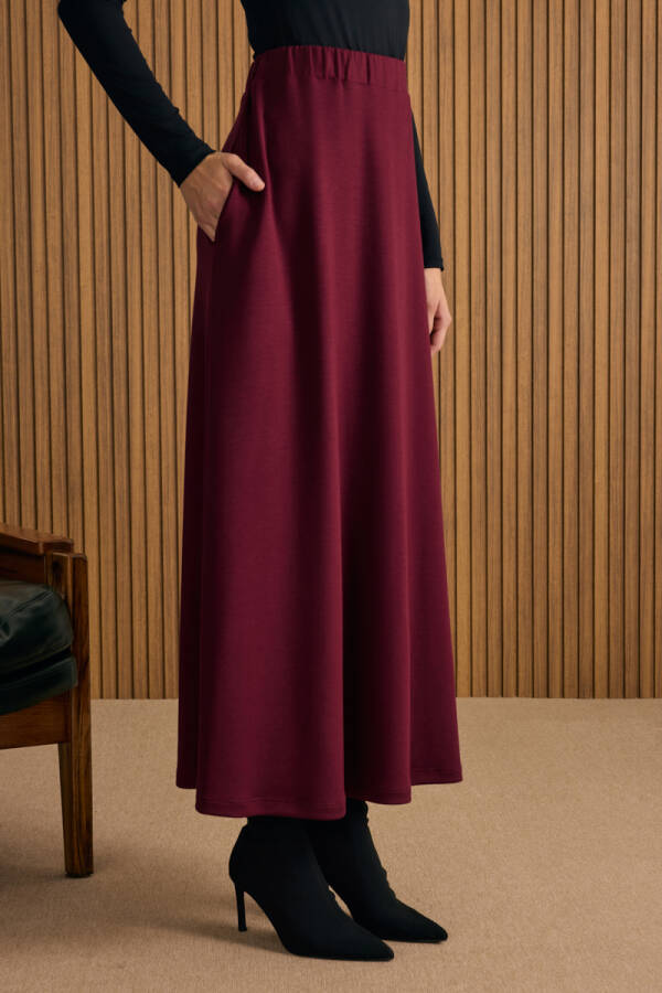 Bordo Beli Lastikli Örme Kloş Etek - 5