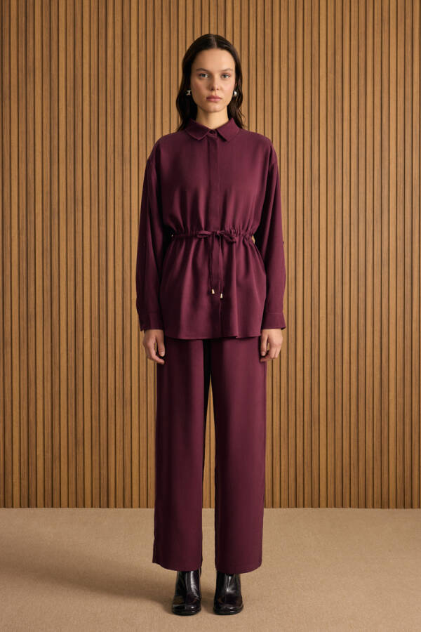 Bordo Beli Lastikli Tencel Pantolon - Aker (1)