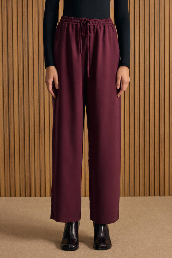 Bordo Beli Lastikli Tencel Pantolon - 3
