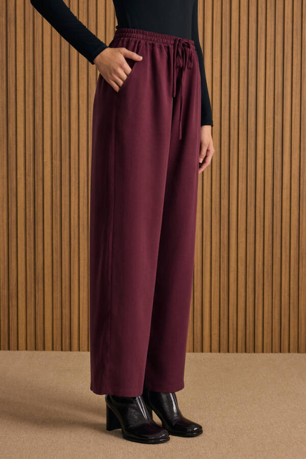 Bordo Beli Lastikli Tencel Pantolon - 4
