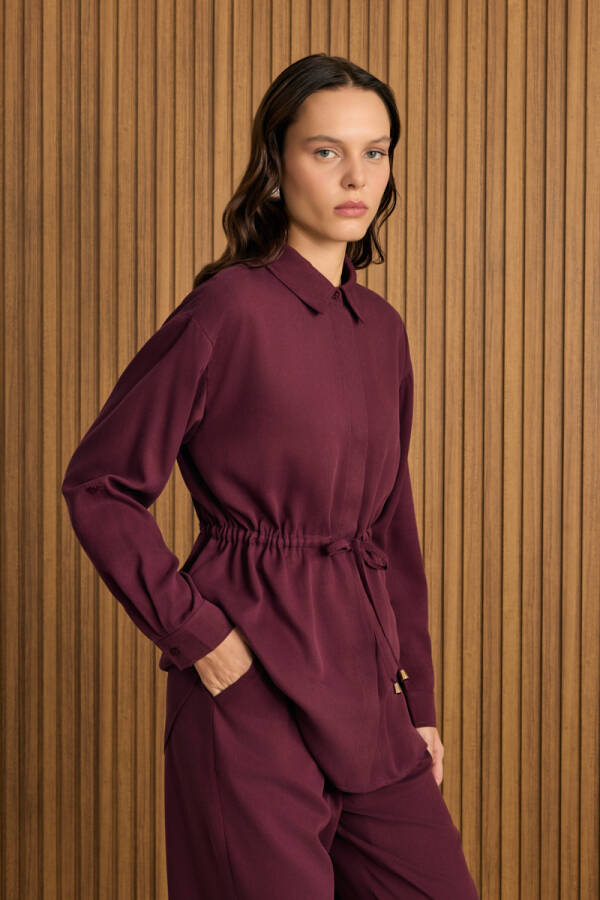 Bordo Beli Lastikli Tencel Pantolon - 1