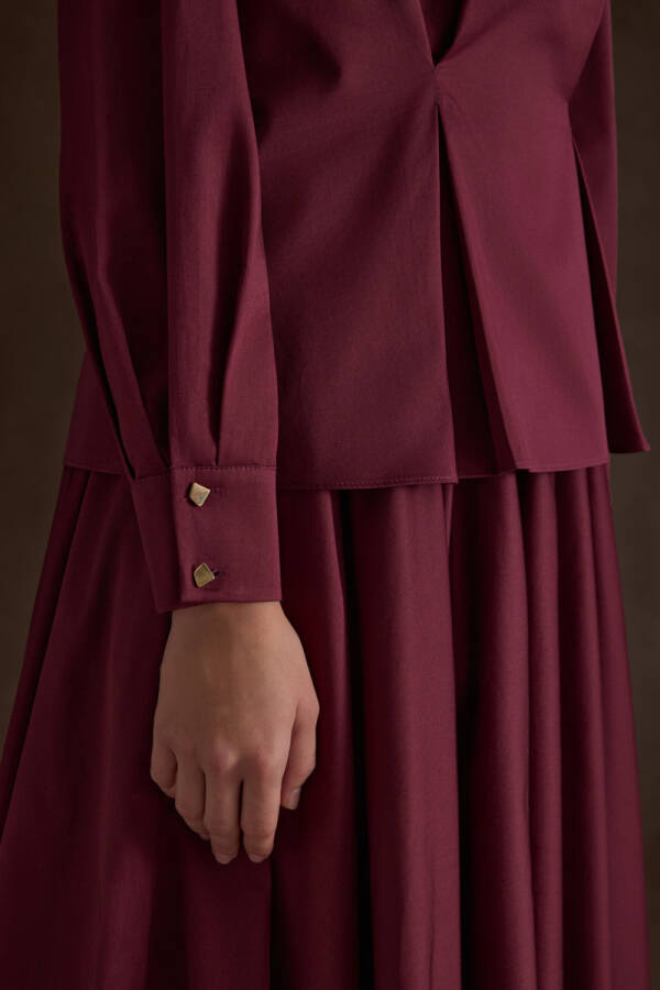 Bordo Beli Pili Detaylı Cotton Bluz - 3