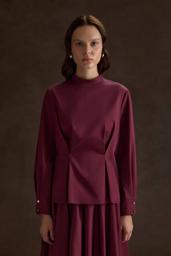 Bordo Beli Pili Detaylı Cotton Bluz - Aker