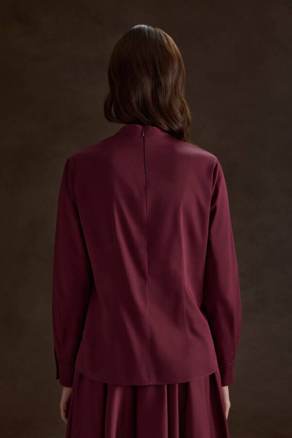 Bordo Beli Pili Detaylı Cotton Bluz - 4