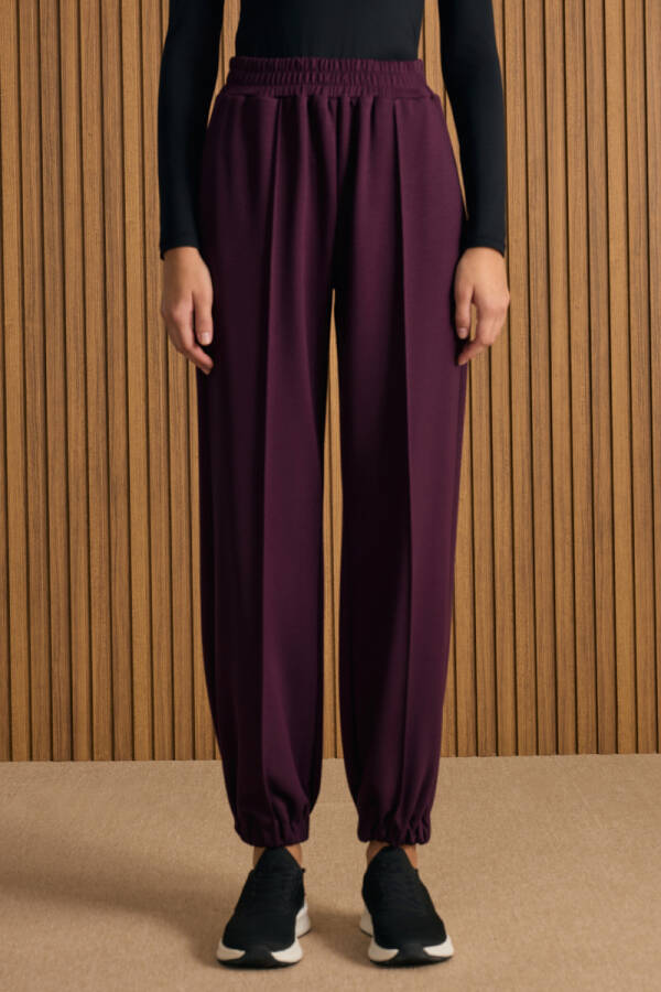 Bordo Beli ve Paçası Lastikli Viscon Örme Pantolon - 2