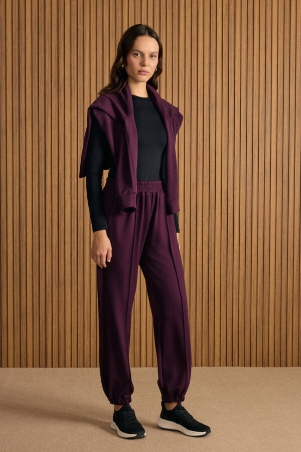 Bordo Beli ve Paçası Lastikli Viscon Örme Pantolon - Aker