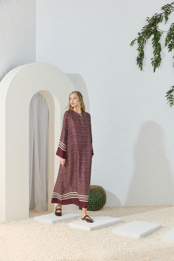 Bordo Desenli Bisiklet Yaka Elbise - Aker