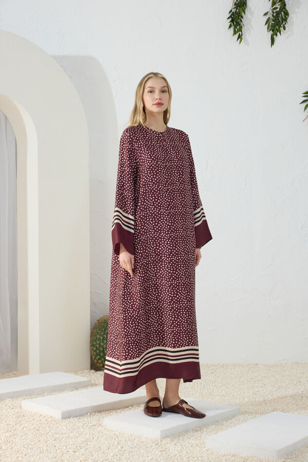 Bordo Desenli Bisiklet Yaka Elbise - Aker (1)