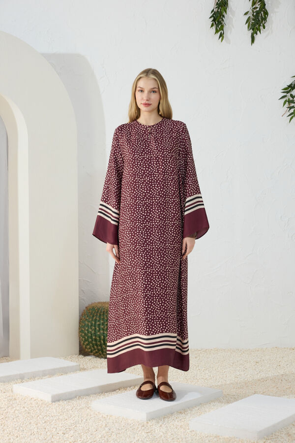 Bordo Desenli Bisiklet Yaka Elbise - 3