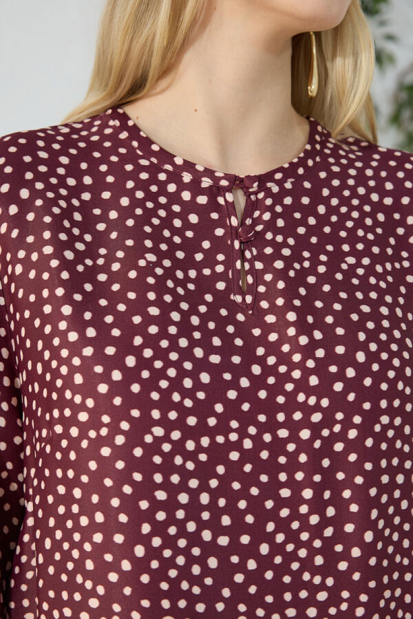 Bordo Desenli Bisiklet Yaka Elbise - 6