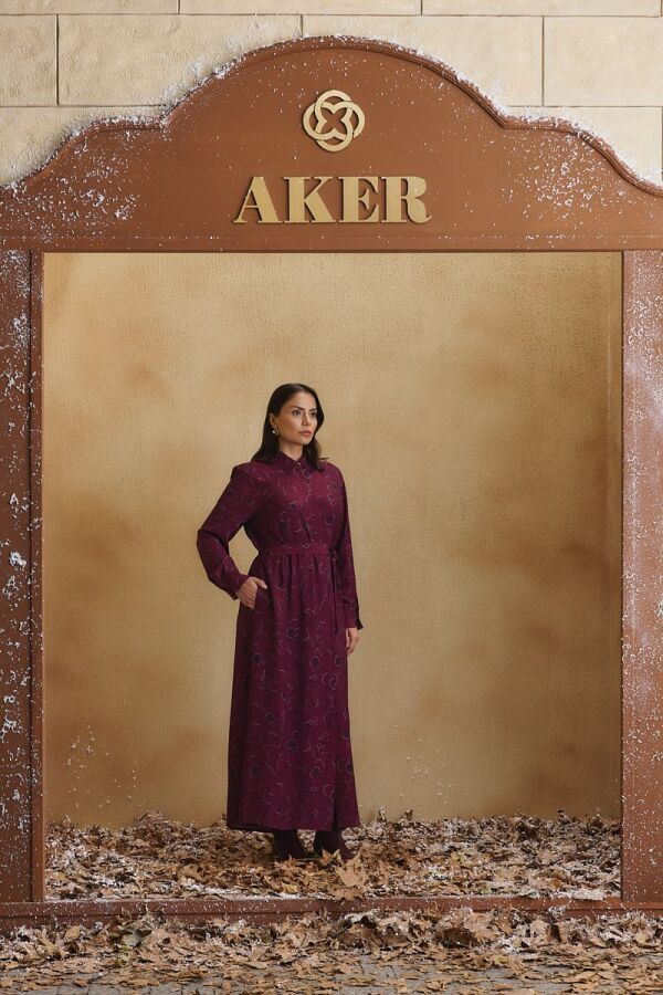 Bordo Desenli Elbise - Aker