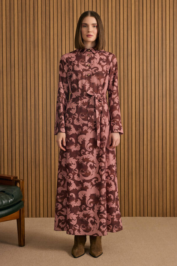 Bordo Desenli Elbise - 3