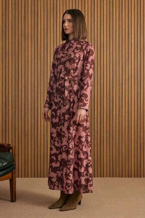 Bordo Desenli Elbise - 4