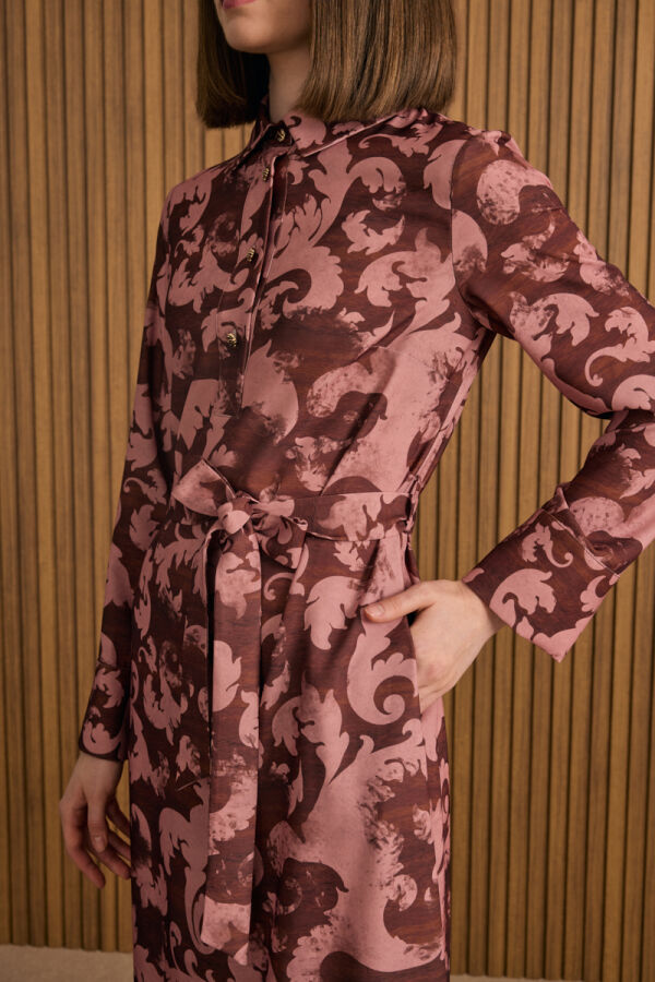 Bordo Desenli Elbise - 5