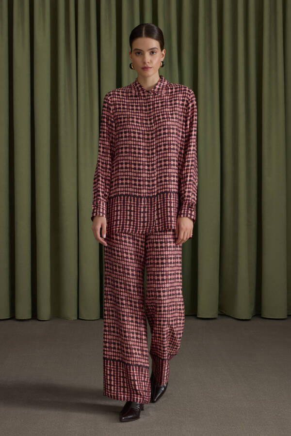 Bordo Desenli Viscon Beli Lastikli Pantolon - Aker