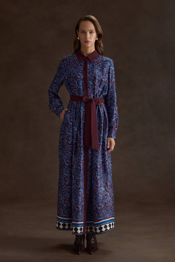 Bordo Desenli Viscon Elbise - Aker