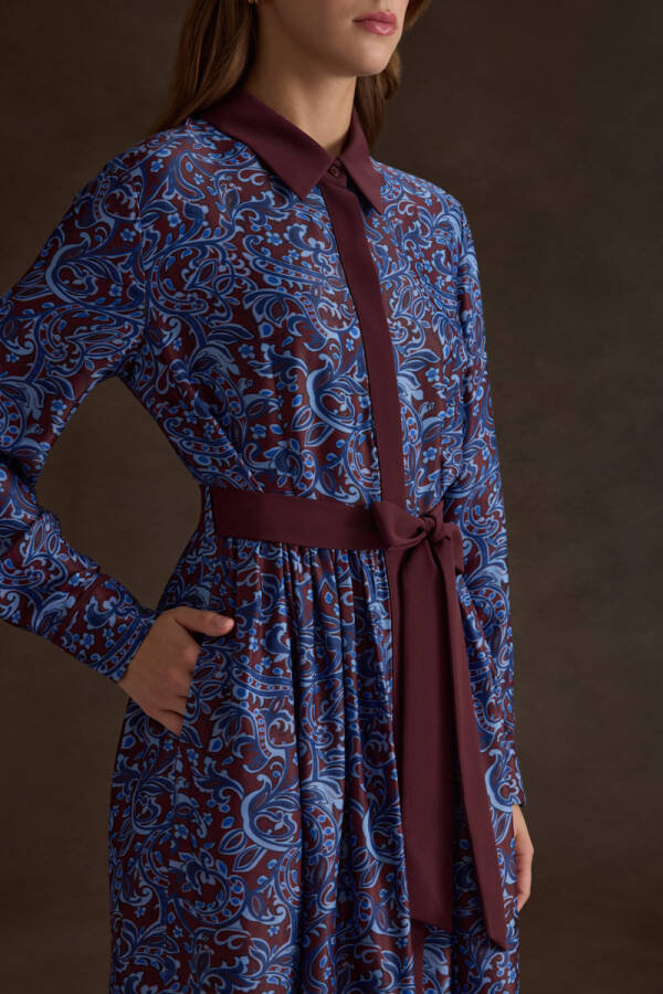 Bordo Desenli Viscon Elbise - 4