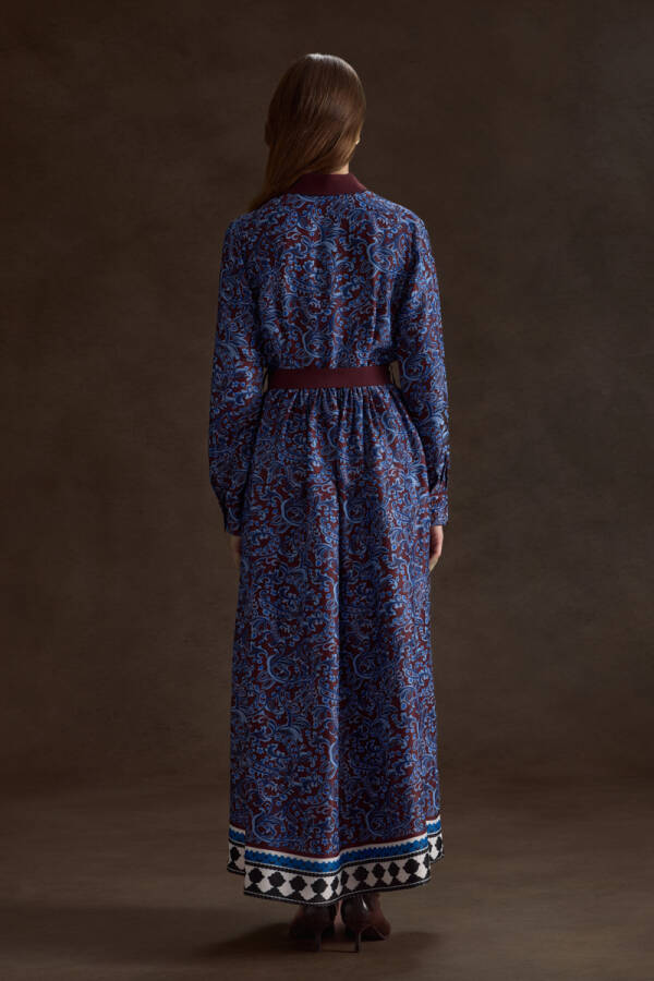 Bordo Desenli Viscon Elbise - 6