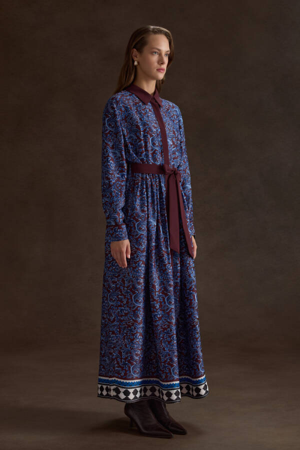 Bordo Desenli Viscon Elbise - 3