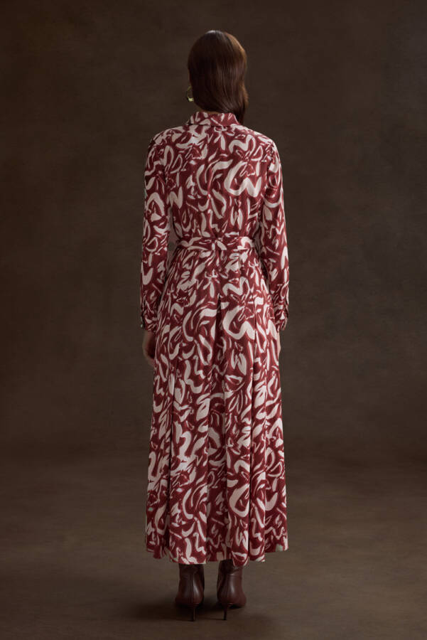 Bordo Desenli Viscon Elbise - 4