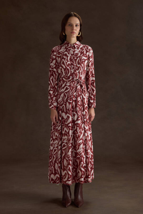 Bordo Desenli Viscon Elbise - Aker