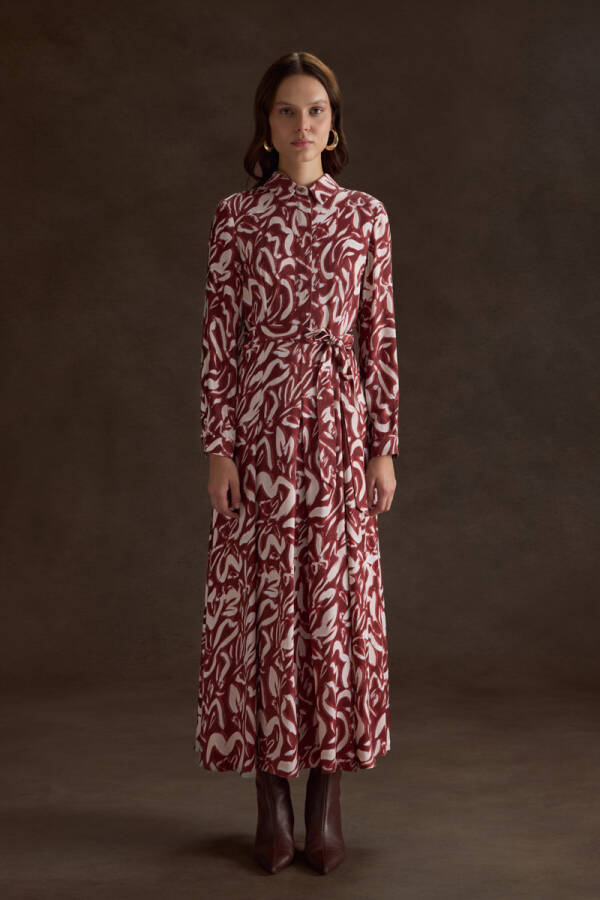 Bordo Desenli Viscon Elbise - Aker (1)