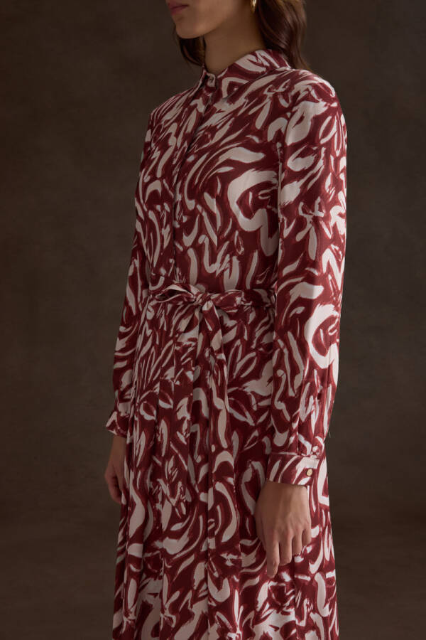 Bordo Desenli Viscon Elbise - 3