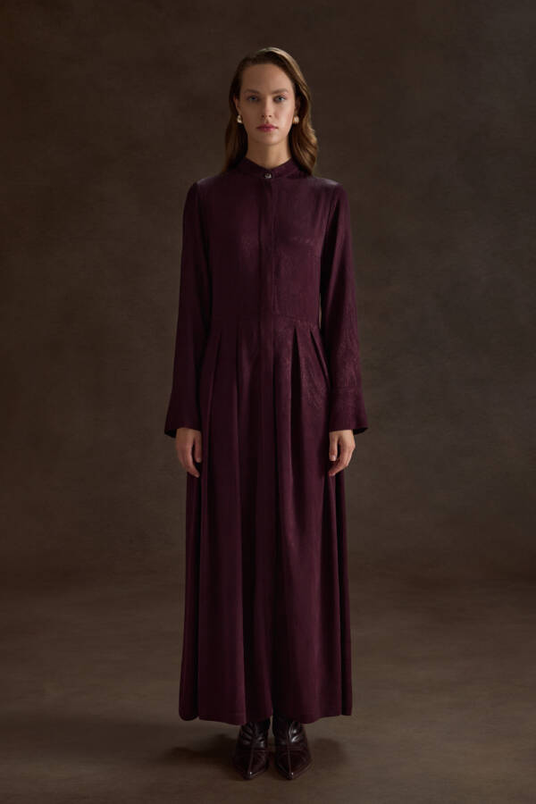 Bordo Dokusu Desenli Jakar Rayon Viscon Elbise - 3