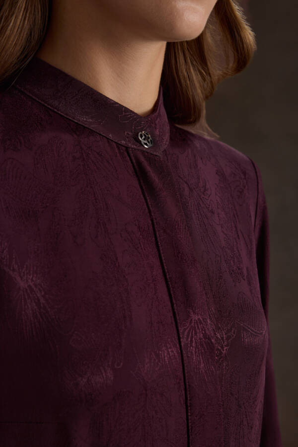 Bordo Dokusu Desenli Jakar Rayon Viscon Elbise - 4