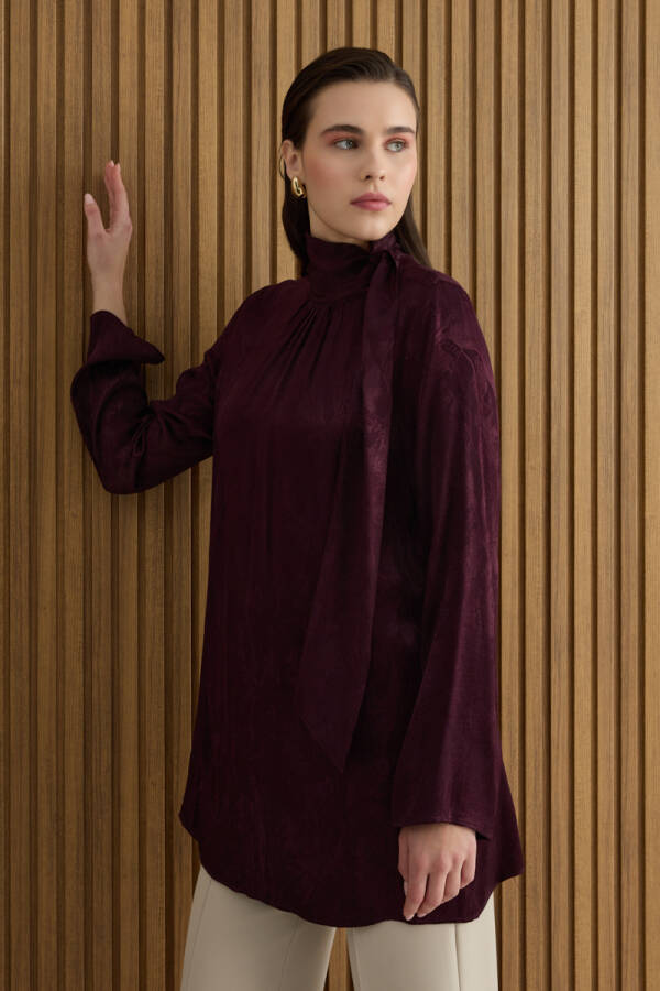 Bordo Dokusu Jakar Desenli Rayon Viscon Tunik - Aker