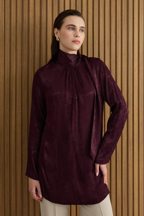 Bordo Dokusu Jakar Desenli Rayon Viscon Tunik - 3