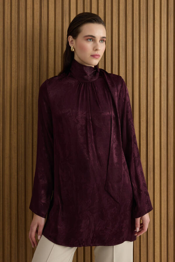 Bordo Dokusu Jakar Desenli Rayon Viscon Tunik - 2