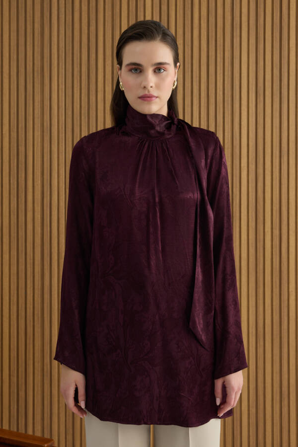 Bordo Dokusu Jakar Desenli Rayon Viscon Tunik - 4