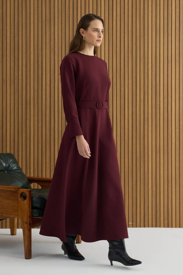 Bordo Kemerli Evaze Elbise - 2