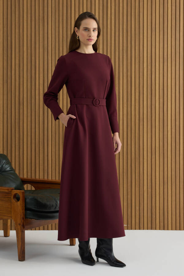 Bordo Kemerli Evaze Elbise - 4
