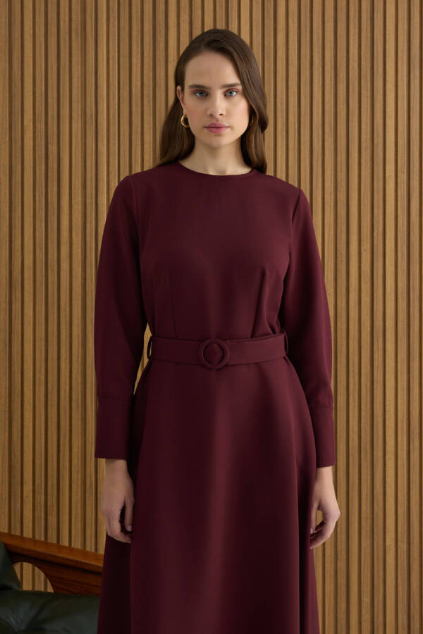 Bordo Kemerli Evaze Elbise - 5