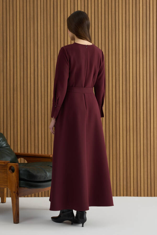 Bordo Kemerli Evaze Elbise - 7